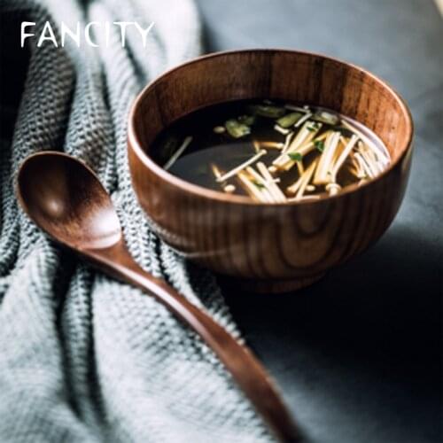 FANCITY Japanese retro jujube wooden bowl wooden rice bowl large soup noodle bowl spoon children wooden bowl household restauran