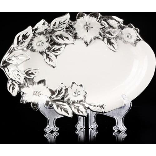 Electroplated Porcelain Plate Decorative Ceramics Flower Stamped Tray Stand Houseware Handicraft Furnishing Room Accessories