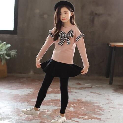 Spring Autumn Girls Clothing Sets Cotton Long Sleeve Bow T-shirt Tops+Pants 2PCS Girls Suits Children Clothes 4 6 8 10 12 Years