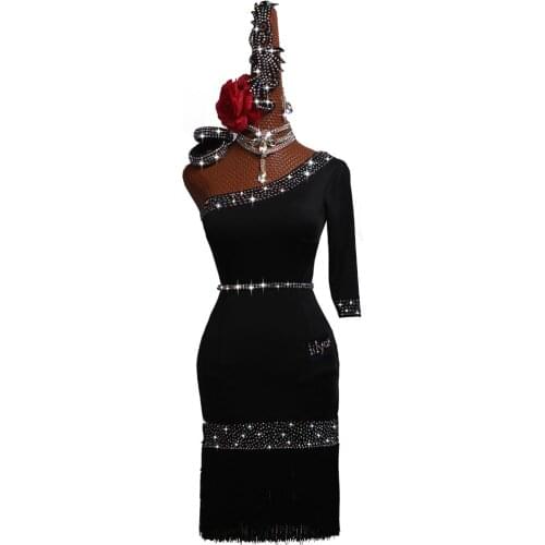 Latin Dance Costume performance Dress Black Sapphire Blue Short Sleeve wrapped hip tassels skirt #LD0083