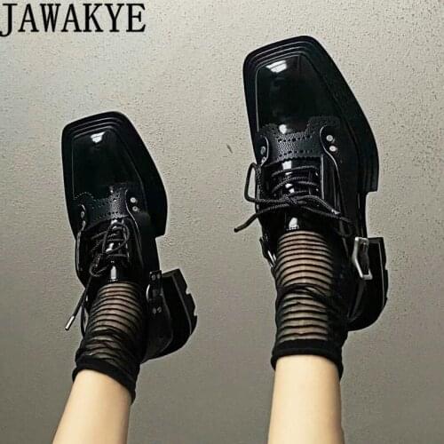Square toe Thick heel Loafers Shoes for Woman British Style Real Leather Casual lace up Flat Shoes Black Formal Suit Shoes Mujer