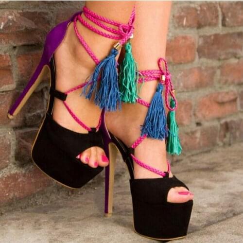 Patchwork tassels women shoes peep toe platform pumps stiletto heels cross-tied ankles strap lace up sexy high heel for woman