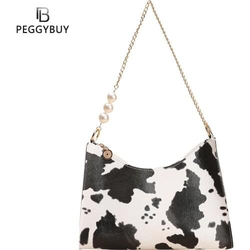 Fashion Women Cow Map Pattern Printing PU Leather Shoulder Underarm Bag Casual Ladies Chain Small Purse Handbags