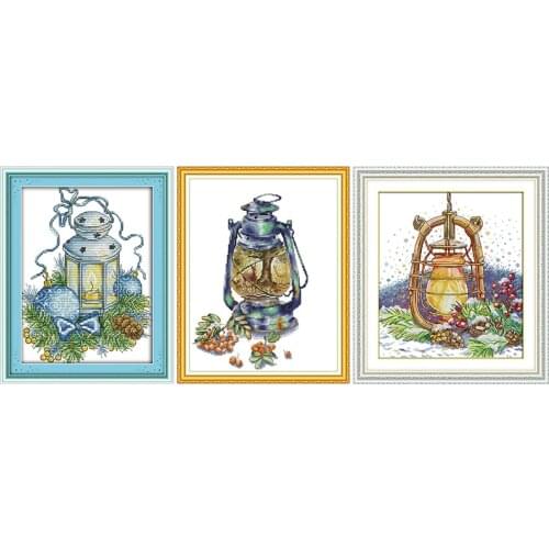 Cross Stitch Kits Stamped Snow Night Oil Lamp Patterns Counted 11CT 14CT Printing Embroidery Thread Needlework Decor Sewing Sets