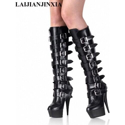 New personal knight boot strap black medium boot pole dancing shoes, ultra high heels 15CM star Dance Shoes