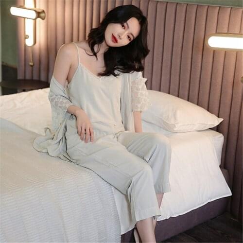 Autumn pajamas new sexy sling sleepwear trousers female nightgown with chest pad long sleeve three-piece suit home service 2020