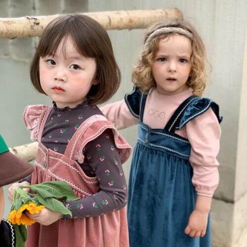 Dress for Girls Vintage Velvet Girsl Sleeve Les Casual Ruffles Strap Dress Toddler Autumn Winter Cotton Vest Dress for 2-6T