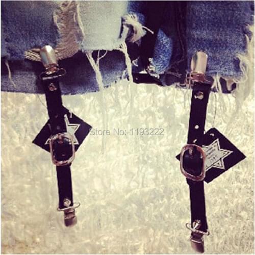 Wholesale 2PC/LOT Handmade Harajuku Faux Leather Leg Garter Belt Metal Punk Gothic Clips for Shorts Socks