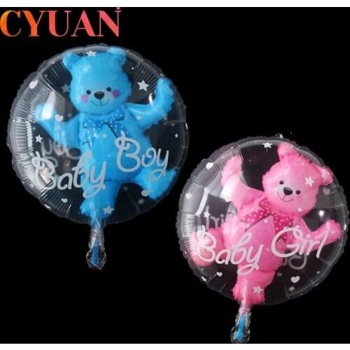 CYUAN 24inch Baby Girl Blue Pink Bubble Ball in Ball Bear Ball Boy 4D Bear Foil Balloons Birthday Baby Shower Decor Kids Toys