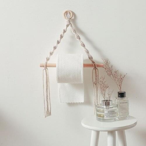 Nordic Macrame Toilet Paper Holder Tapestry Wooden Wall Hanging Storage Shelf Home Decor Bathroom Toilet Paper Dispenser