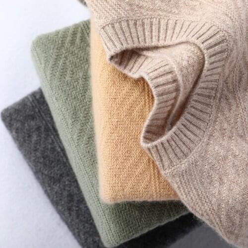 Zocept High Quality 100% Pure Wool Winter Thick Mens Sweater Knitted Solid Color O-Neck Argyle Pattern Business Casual Pullover