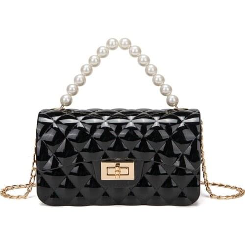 Pearl Portable Jelly Bag Rhombic Female Bag Lock Small Square Shoulder Messenger Bag Mobile Phone Thick Chain Small Lady Handbag