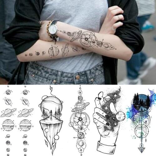 Womens Fashion Planets Temporary Tattoos For Adult Body Art Hands Arm Tatoo Fake Galaxy Hands Anchor Flower Black Tatoo Sticker