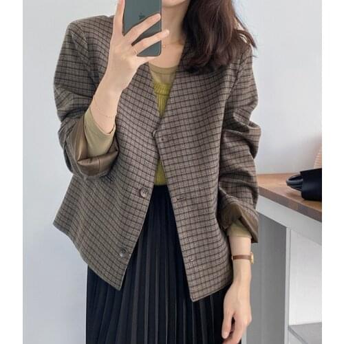 Grid V-neck small suit coat womens 2021 autumn short single breasted long sleeve suit top 0820