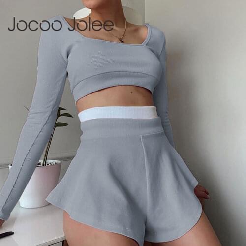 Women Solid Crop Tops and Splicing Skirts Shorts Patchwork Knitted 2 Piece Set Home Suits Long Sleeve O Neck Tee Solid T Shirt