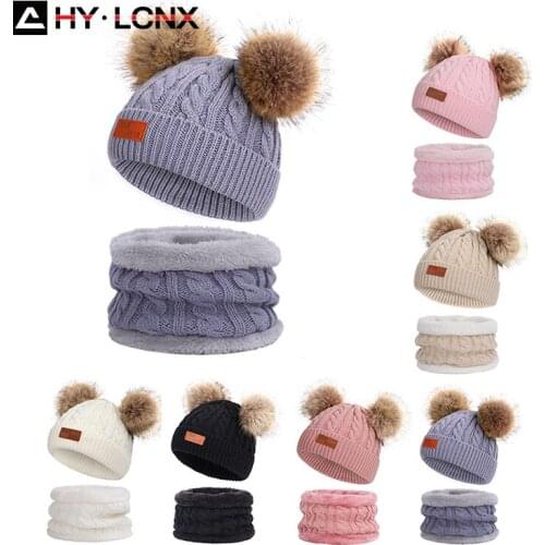 2021 Winter Warm Fur Baby Knitted Hat Kids Double Pompom Thicken Hats Scarf Set Childrens Bonnet Cap Girls Boys Autumn Caps