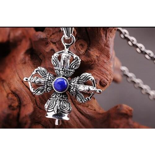Buddhist supplies ethnic style S925 classic inlaid lapis lazuli diamond bell pendant