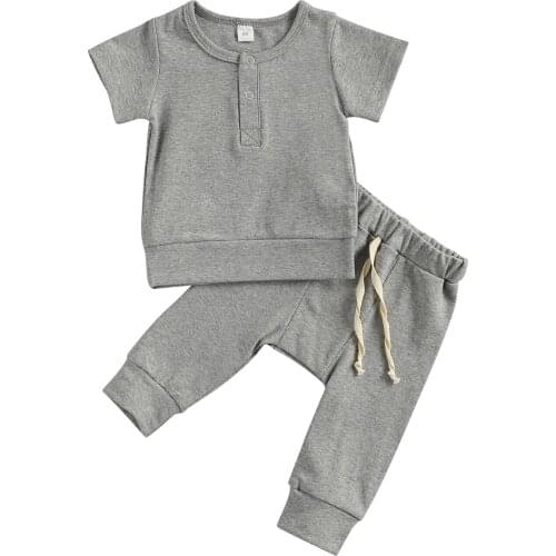 Newborn Baby Boys 2-piece Cozy Casual Outfit Suit Short Sleeve Solid Color Tops+Pants Summer Set for 0-18 Months Kids Boys