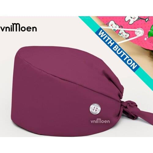 Red wine surgical scrub hats Cotton Cap with button Sweatband Men Women Nursing Work Hat laboratory Pet salon Scrub Hat dust cap