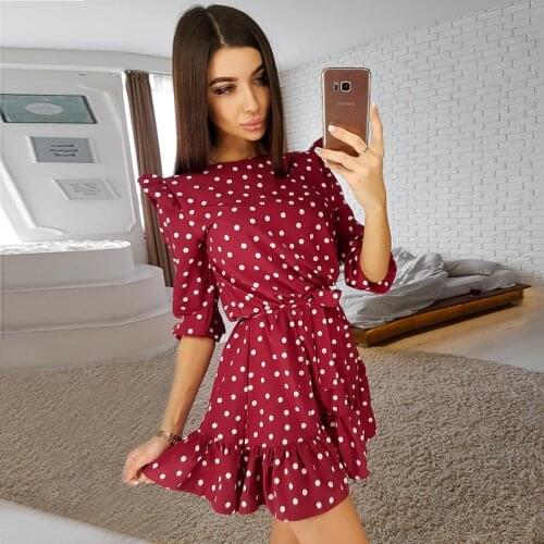 Sweet Cute Ruffle Floral/Dot Print Dress Women Fashion Sashes 3/4 Sleeves O Neck Casual Autumn Dress Girls A Line Mini Dresses