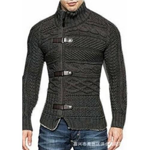 2021 spring and autumn new type foreign trade mens high collar 3-leather buckle long sleeve T-shirt sweater male