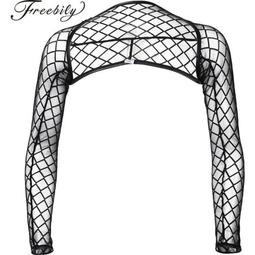Mens Mesh Hollow Out See-through Arm Sleeves Shrug T-shirt Costumes Wetlook Fashion Tops Mens Clubwear Party Clothing