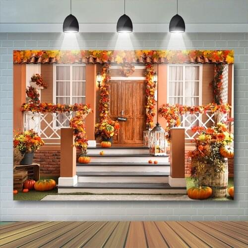 Autumn Halloween Kids Photography Backdrop Child Pumpkin Lantern Background Floral House Yellow Leaves Party Props Photostudio