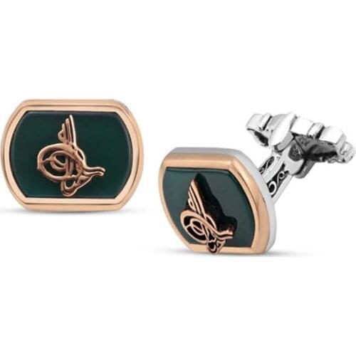 Silver Green Agate Stone Ottoman Tuğralı Cufflink