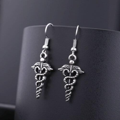 A Pair Handmade Simple Design Caduceus Alert Medical Symbol Md Drop Earrings for Women Gift Jewelry Cute Small Object