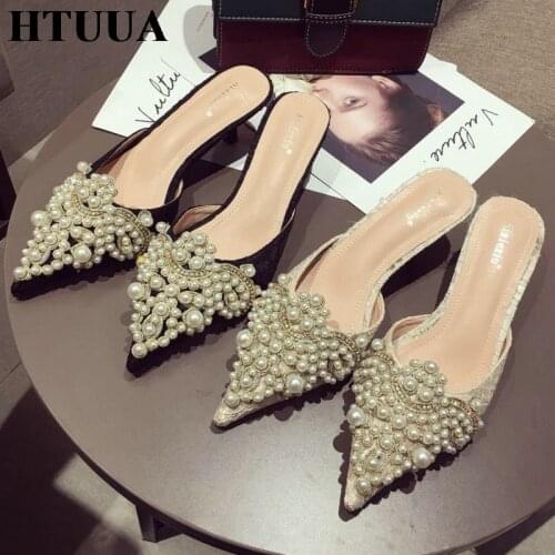 HTUUA Luxury Slippers Women Designer Slides Ladies Brand Mules Shoes Women Dress Shoes Pointed Toe Heels Pearl Slippers SX2439
