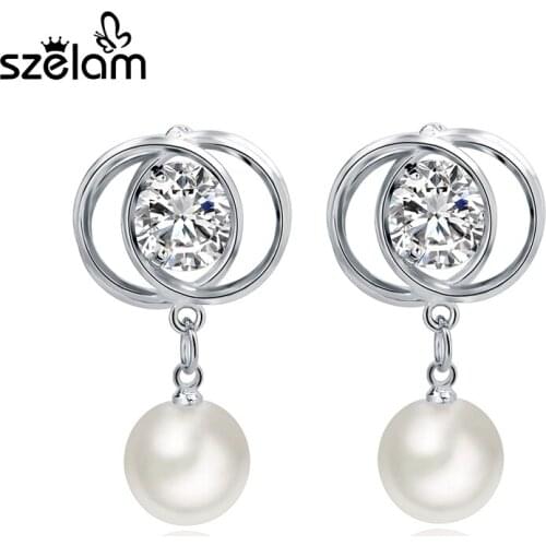 Szelam Luxury Simulated Pearl Jewelry Silver Earrings For Women Girl Crystal Dangle Earrings Bridal Wedding Ser150145