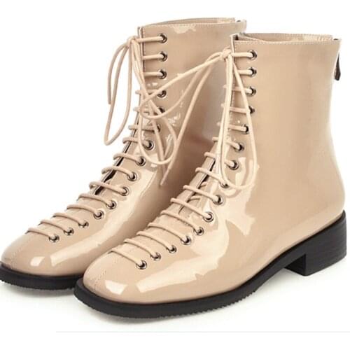 Patent Leather Womens Ankle Boots Fashion Casual Low Heels Ankle Boots For Women Lace-up Beige Black Autumn Winter Shoes Female