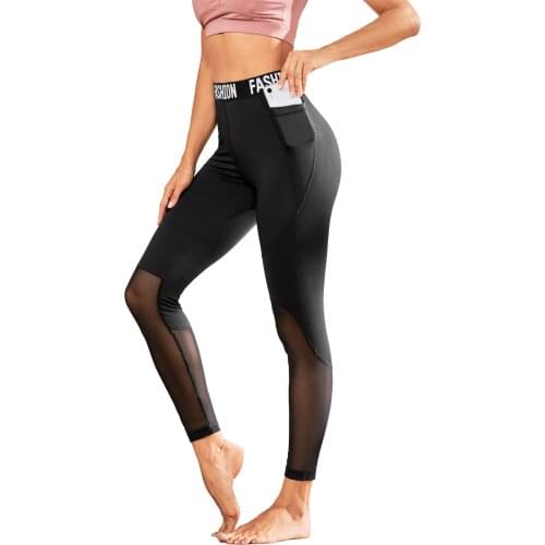 Women Stretchy Gym Tights Tummy Control Mesh Patchwork Yoga Pants with 2 Pocket High Waist Sport Leggings Push Up Running Pants