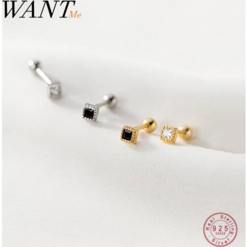 WANTME 925 Sterling Silver Chic Geometric White Black Zircon Beads Small Stud Earrings for Women Charm Korean Party Jewelry Gift