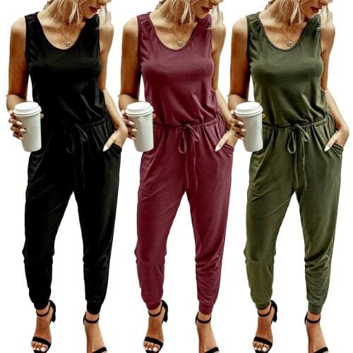 2020 Spring Summer Solid Color Women Sleeveless Round Neck Waist Straps Jumpsuit Long Pants Romper Clubwear Overalls for Women