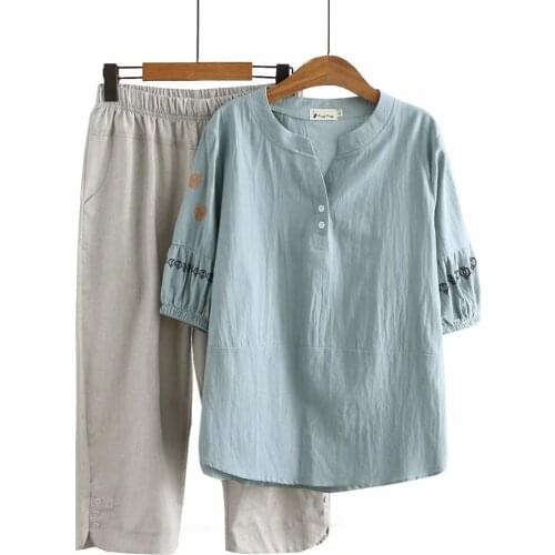 Plus size short sleeve V-Neck Embroidery cotton tshirts and linen pants women sets 2021 Casual summer ladies 2 pieces female