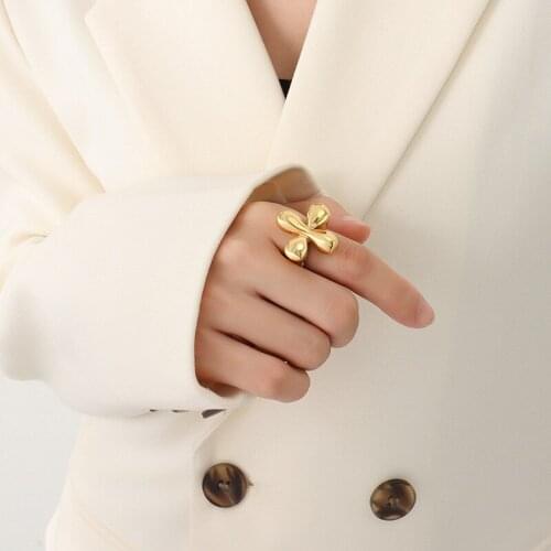 Statement Stainless Steel Cross Finger Rings For Women Unique Design Flower Shape Metal Gold Rings Jewelry Party Gift