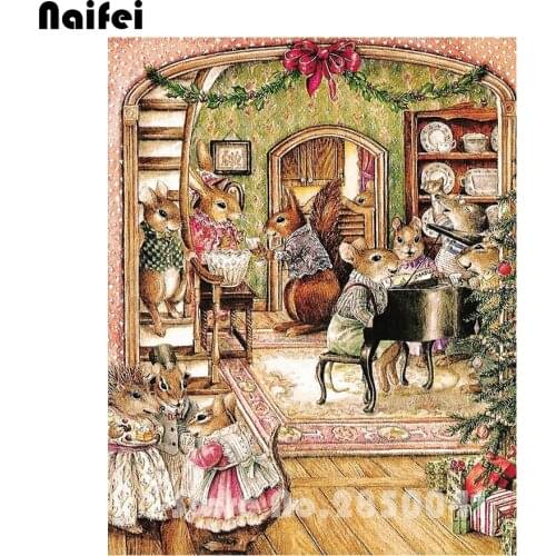 DIY diamond painting cross stitch"mouse rabbit hare squirrel animals on holiday room interior piano"3d Diamond Embroidery mosaic