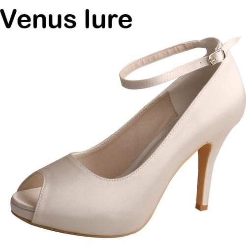 Mother of the Bride Wedding Shoes Peep Toe Ankle Strap Pumps Ivory Satin
