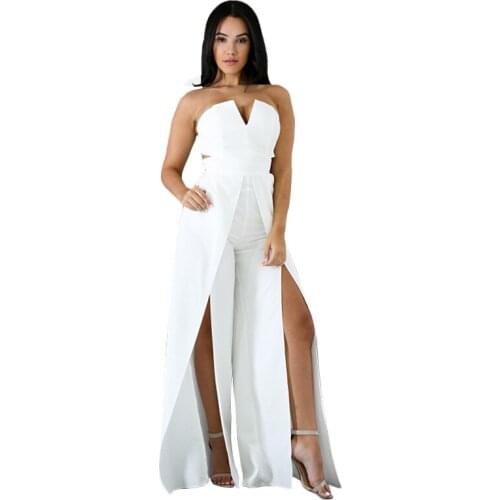 White Fashion Summer Sexy Nightclub Jumpsuit Women Bodycon Girls Romper Strapless Streetwear Slit Long Jumpsuits Backless Solid