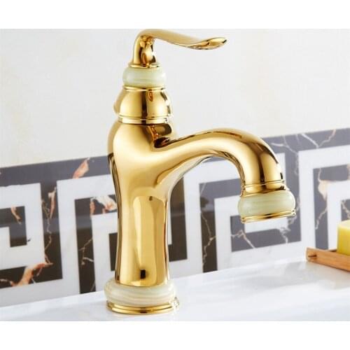 Free Shipping Promotion jade stone gold basin mixer tap with new design single handle golden bathroom basin water faucet