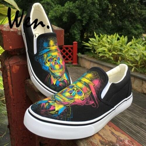 Wen Design Shoes Hand Painted Skull with Derby Hat Three-primary Colors Light and Shadow Slip On Unisex Black Canvas Sneakers
