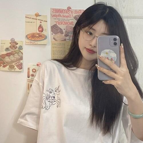 Summer college style cartoon print half-sleeved mid-length loose cotton T-shirt all-match casual women