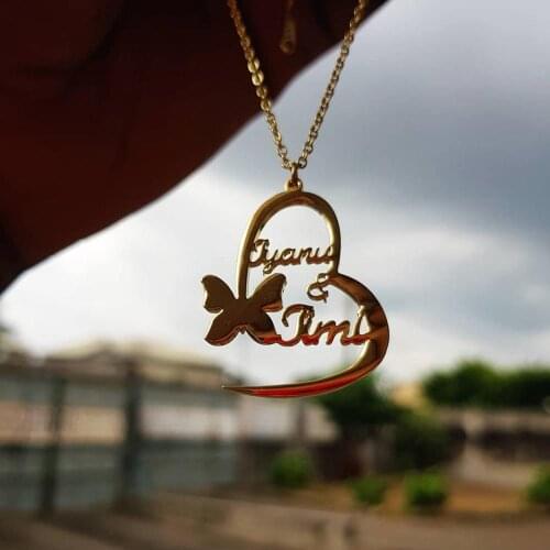 Choker custom golden butterfly name necklace double name heart pendant necklace stainless steel jewelry gift for best friend bff
