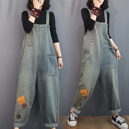 Oversized Loose Denim Jumpsuits Womens Patch Denim Overalls Casual Sling Jumpsuits & Rompers Female Jeans Straight-leg Trousers