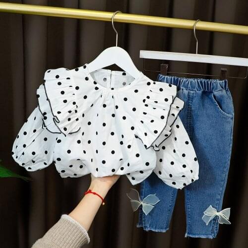 Dot Print Infant Baby Girl Clothes Sets Pleated Lace Collar + Long Denim Bows Trousers 2 Pieces Sweet Children Outfit for 1-4Y