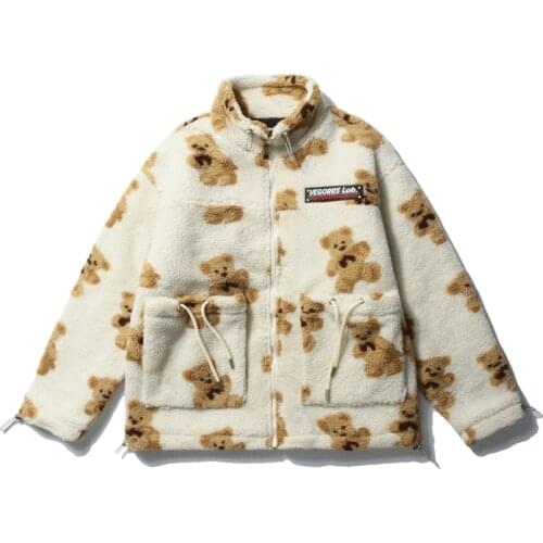 Winter Thicken Warm Fleece Jackets Streetwear Unisex Hip Hop Bear Print Jacket Coats Mens Harajuku Casual Full Zip Tops Outwear
