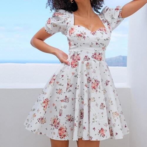 Summer Dress Low Neck Fluffy Hem Mini Women Puff Sleeve Dress for Daily Wear