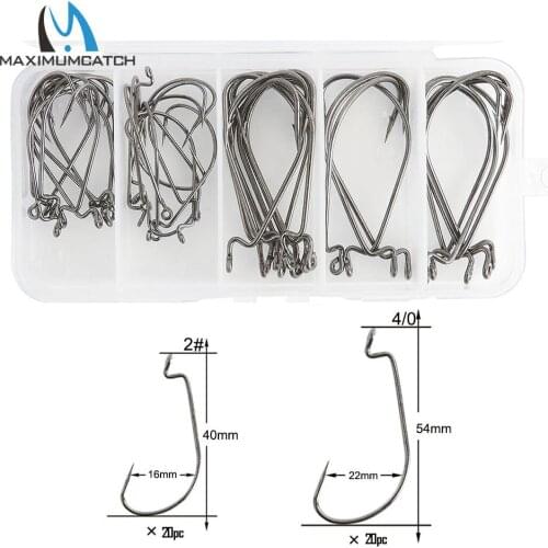 Maximumcatch 40Pcs 2#-4/0 Wide Belly Offsets Hook High Carbon Steel Worm Hooks Fishing Terminal Tackle