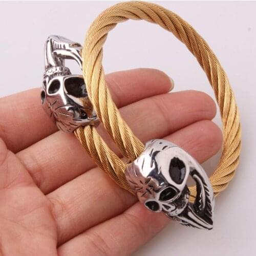 Punk Style Skull Head Cuff Charm Bracelets & Bangles for Men Women Silver Color 316L Stainless Steel Wire Bangle Jewelry